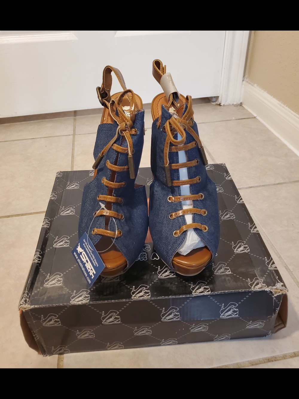 Shiekh Denim Lace-Up Peep-Toe Heels in Blue and Tan